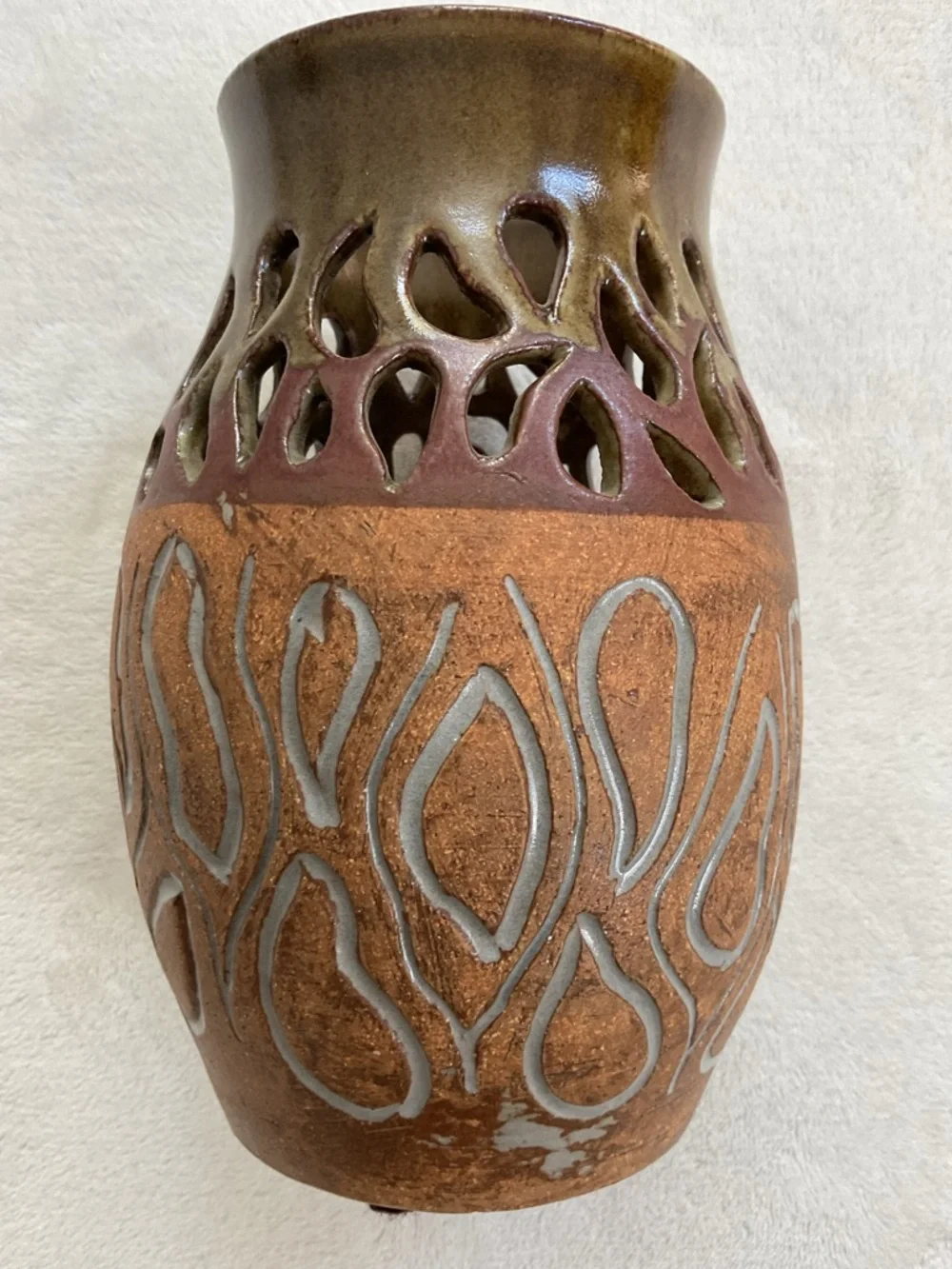 Vintage Signed Studio Pottery Pierced Art Vase Handmade Ceramic 8” Brutalist